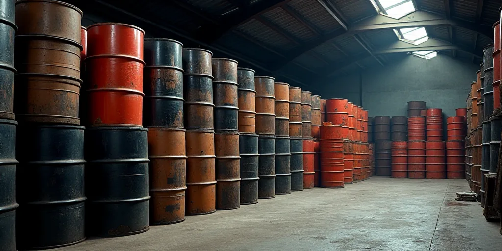 a large amount of barrels are stacked up in a warehouse with a roof over them and a few other contai