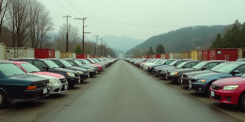 a large amount of cars are parked in a lot with containers on the side of the road behind them, Corn