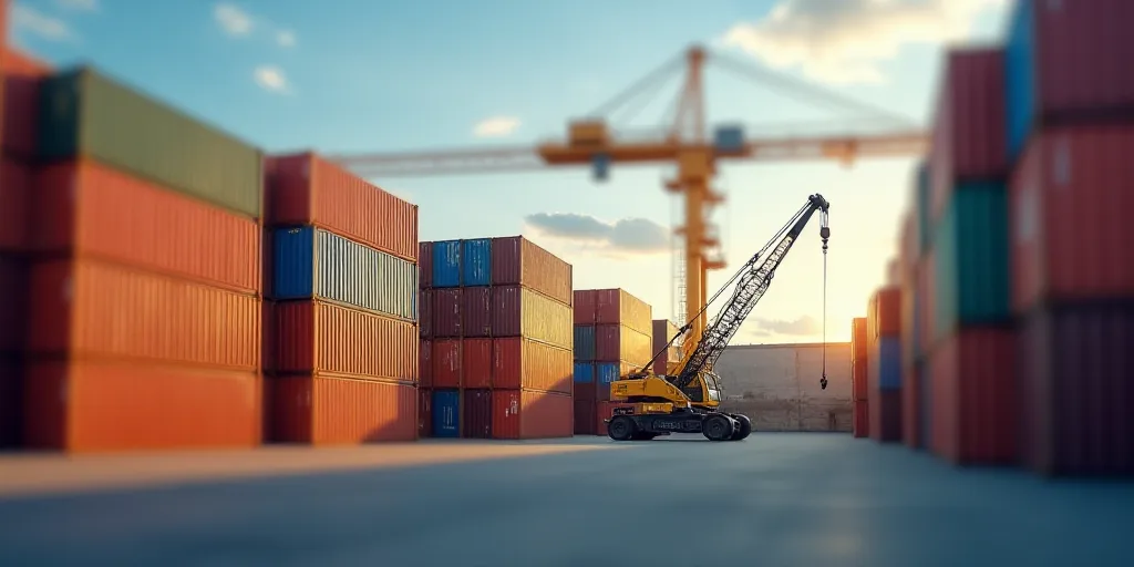 a large amount of containers are stacked up in a large warehouse area with a crane in the background