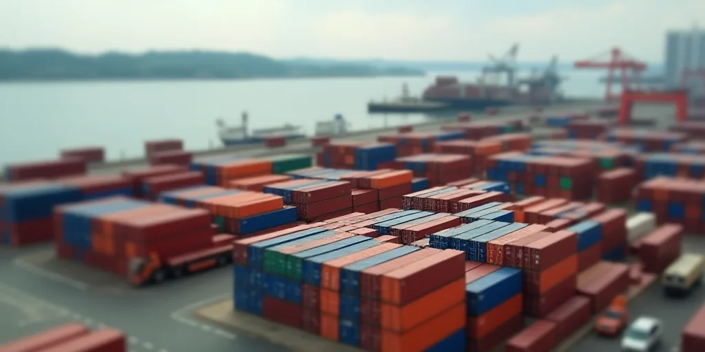 a large amount of containers are stacked up in a large container yard with a large body of water in