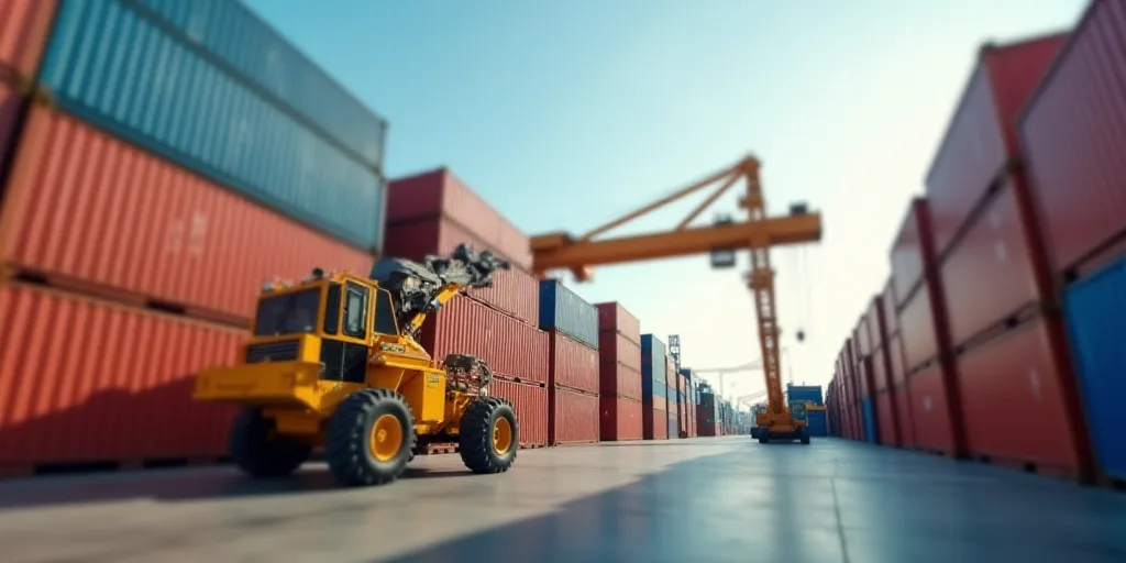 a large amount of containers are stacked up in a large warehouse area with a crane in the background