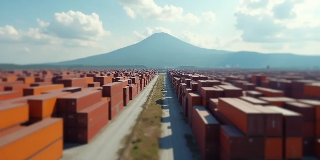 a large amount of containers are stacked up in a large container yard with a mountain in the backgro