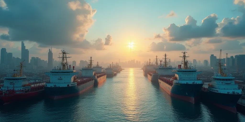 a large amount of ships are docked in a harbor with a city skyline in the background and a star in t
