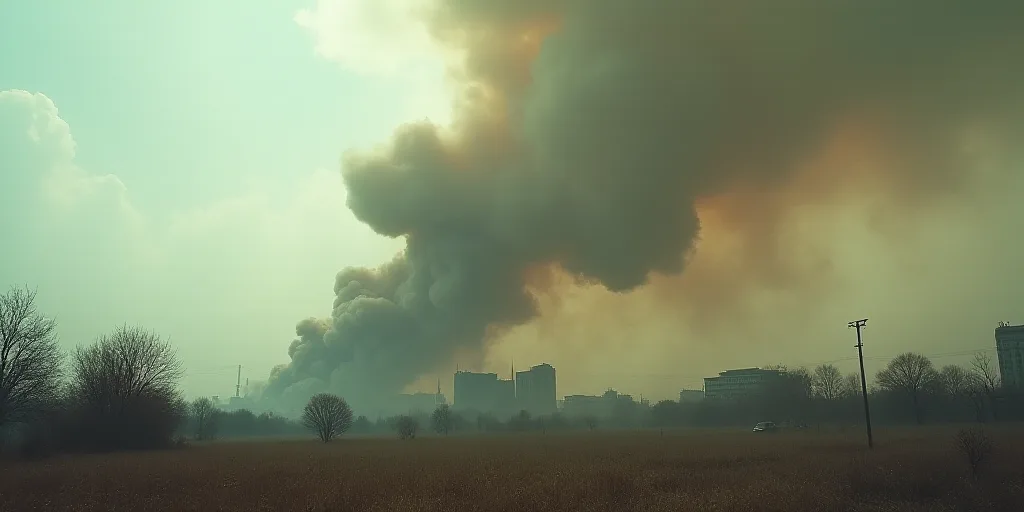 a large amount of smoke is billowing out of the sky in a city area with buildings in the background,