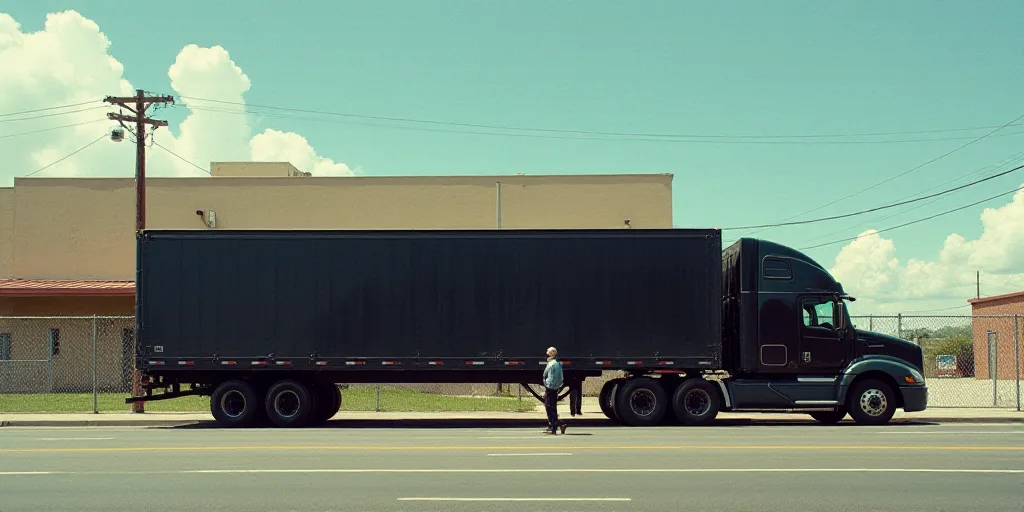 a large black truck parked next to a fence and a building with a man standing next to it on a sidewa