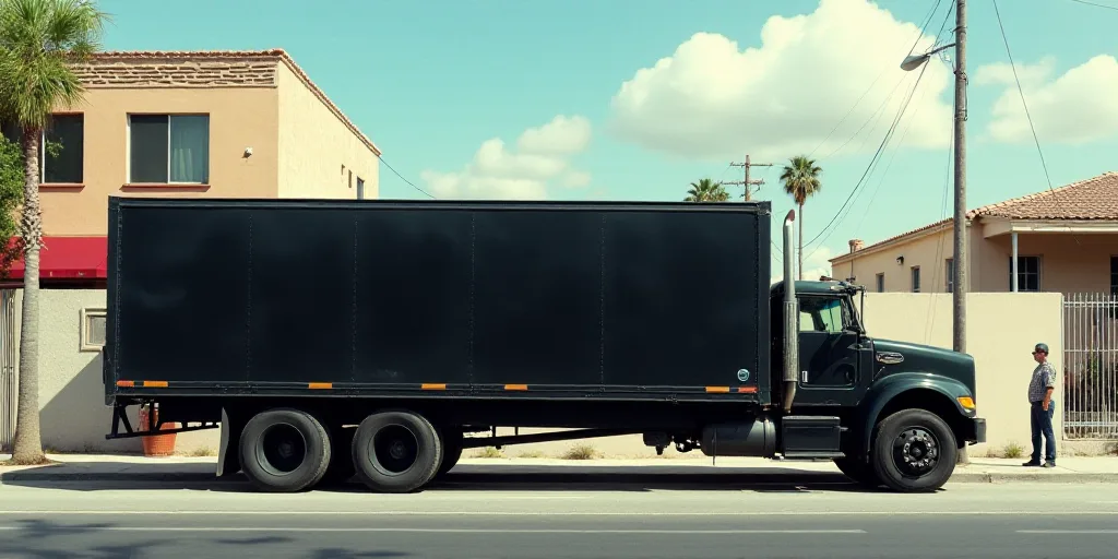 a large black truck parked next to a fence and a building with a man standing next to it on a sidewa