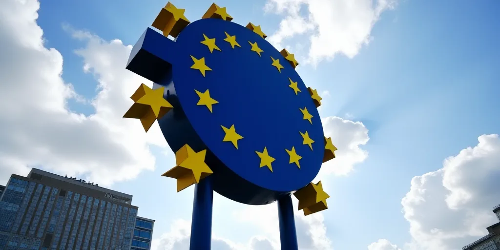 a large blue and yellow sign with stars on it in front of a building with a sky background and cloud