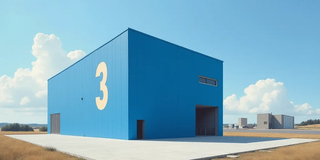 a large blue building with a number on it's side and a sky background with a building and a sky line