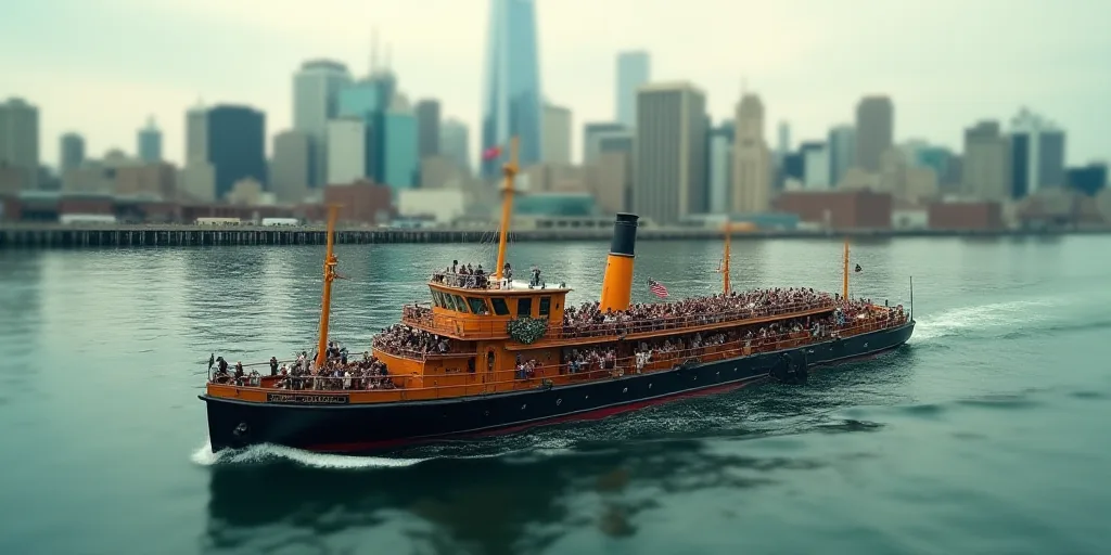 a large boat with a lot of people on it in the water near a city skyline and a pier, Erlund Hudson,