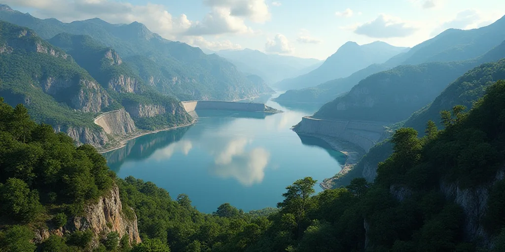 a large body of water surrounded by mountains and trees in the middle of a valley with a large dam,