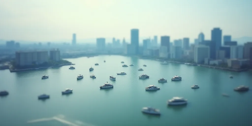 a large body of water with a bunch of boats in it and a city in the background with tall buildings,