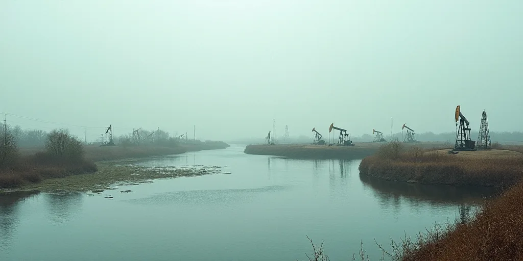 a large body of water with a lot of oil pumps in it and a few water towers in the background, Dahlov