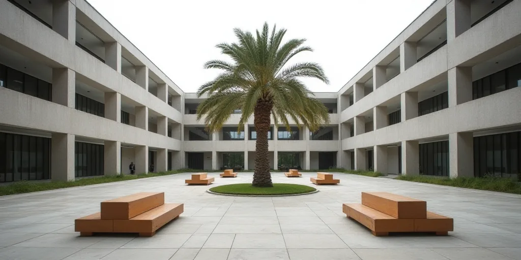 a large building with a bunch of benches in it's center area and a palm tree in the center, David Ch