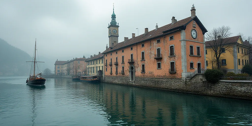 a large building with a clock on it's side next to a body of water with a boat in the water, Altichi