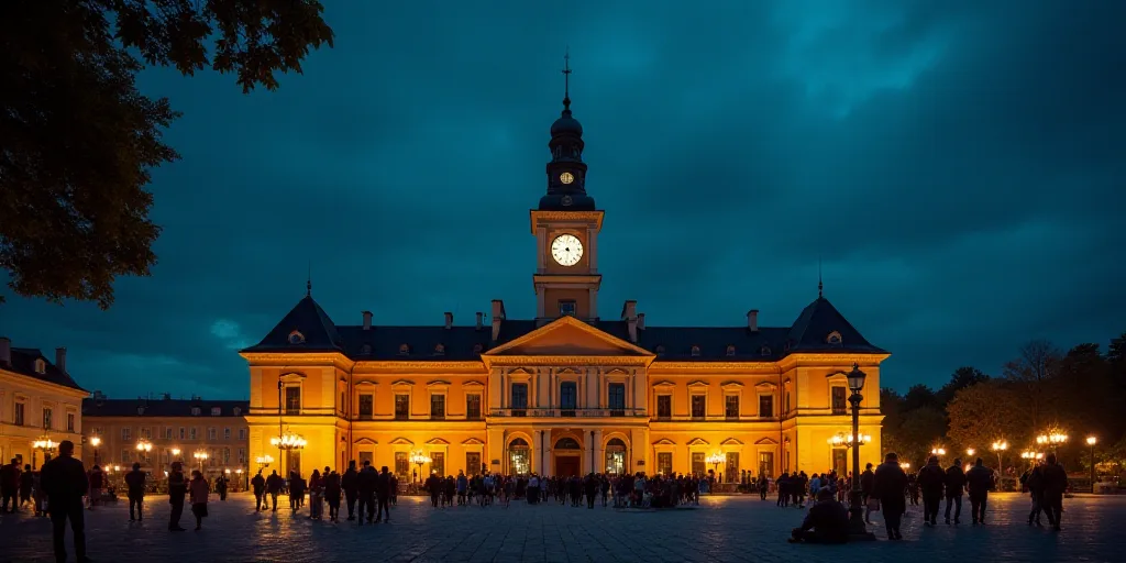 a large building with a clock tower at night time with people walking around it and a crowd of peopl