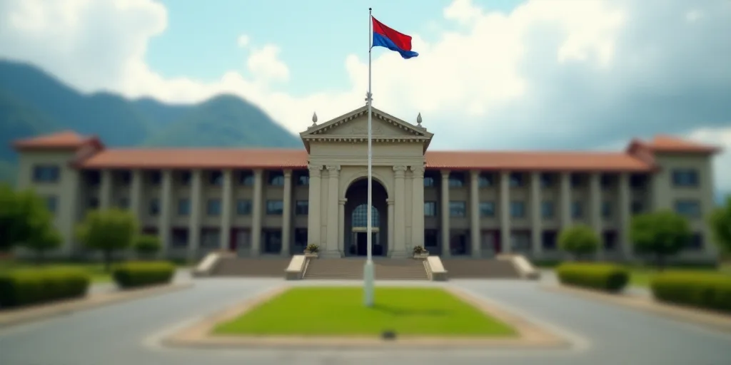 a large building with a flag flying in front of it and a flag pole in front of it and a flag pole in