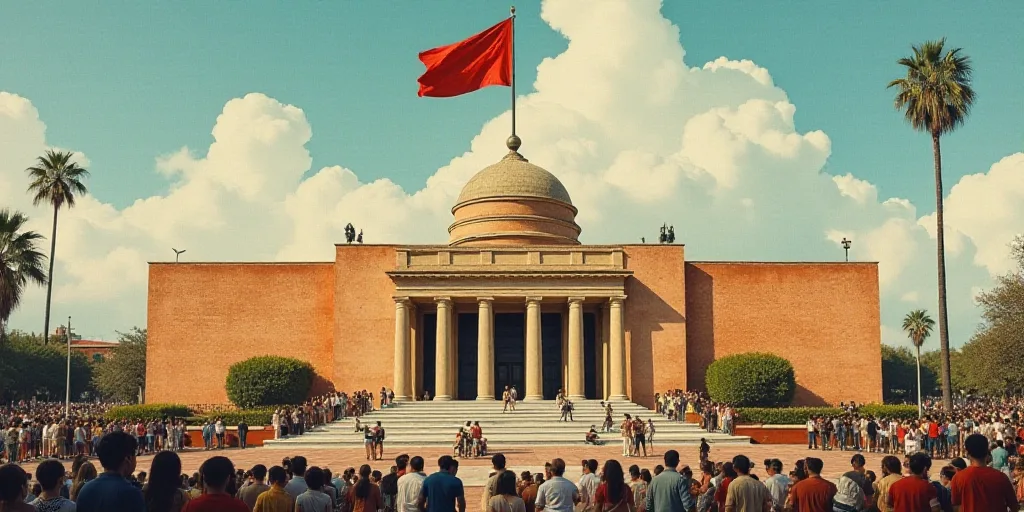 a large building with a flag flying in front of it and a crowd of people in the plaza below, David A