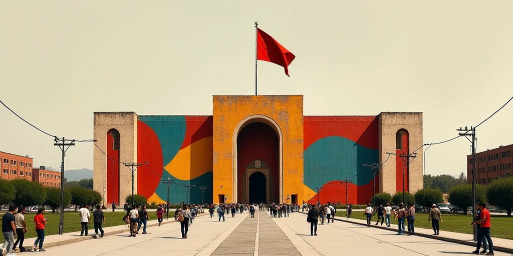 a large building with a flag flying in front of it and people walking around it in the middle of the
