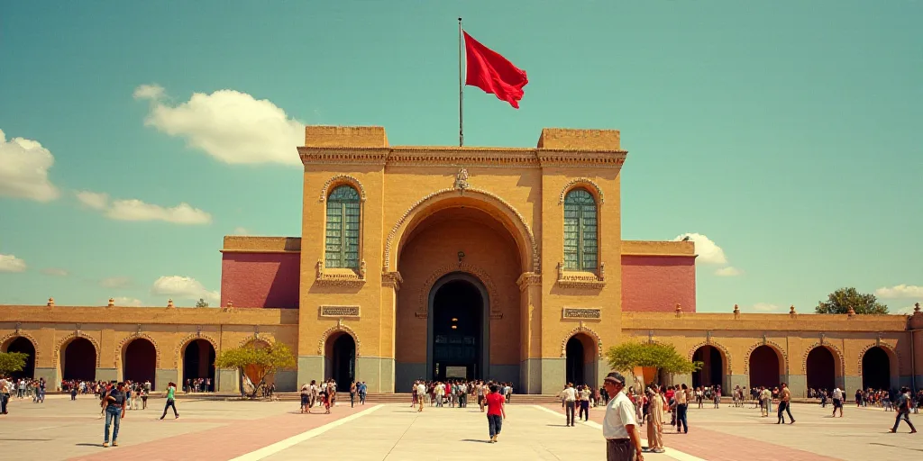 a large building with a flag flying in front of it and people walking around it in front of it, Davi