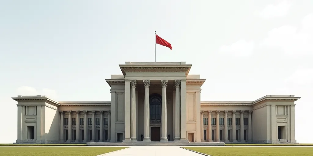 a large building with a flag on top of it's roof and a flagpole on top of it, Brenda Chamberlain, sy