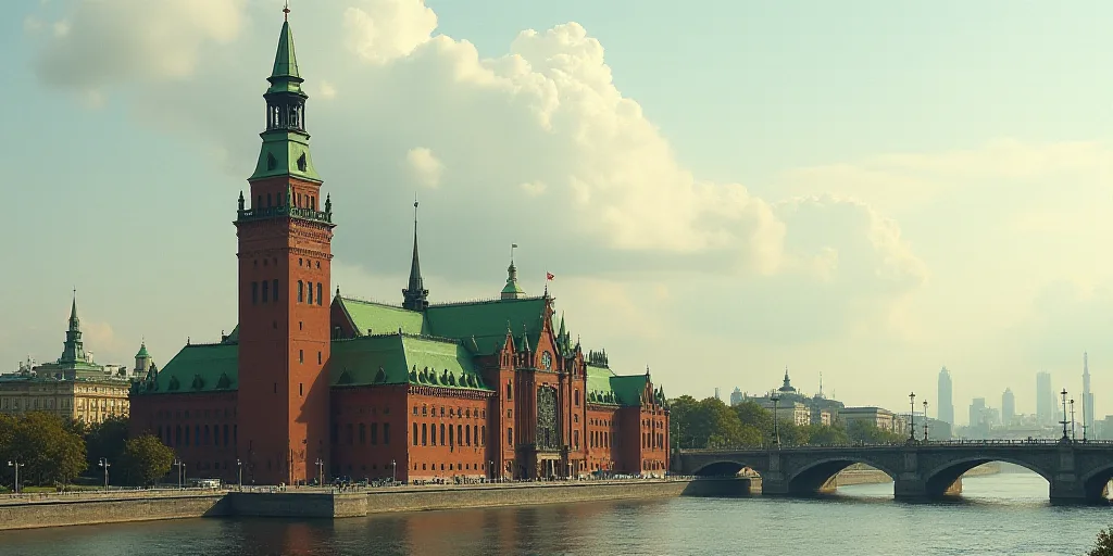 a large building with a green roof and a tall tower with a clock on it's side and a bridge in front