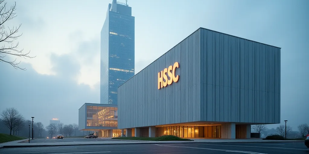a large building with a hssc logo on it's side and a sky scraper behind it, Eric de Kolb, symmetric