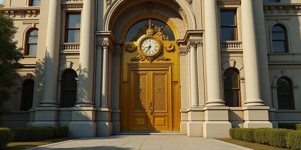 a large building with a large gold door and a clock on the front of it's face and windows, Enguerran