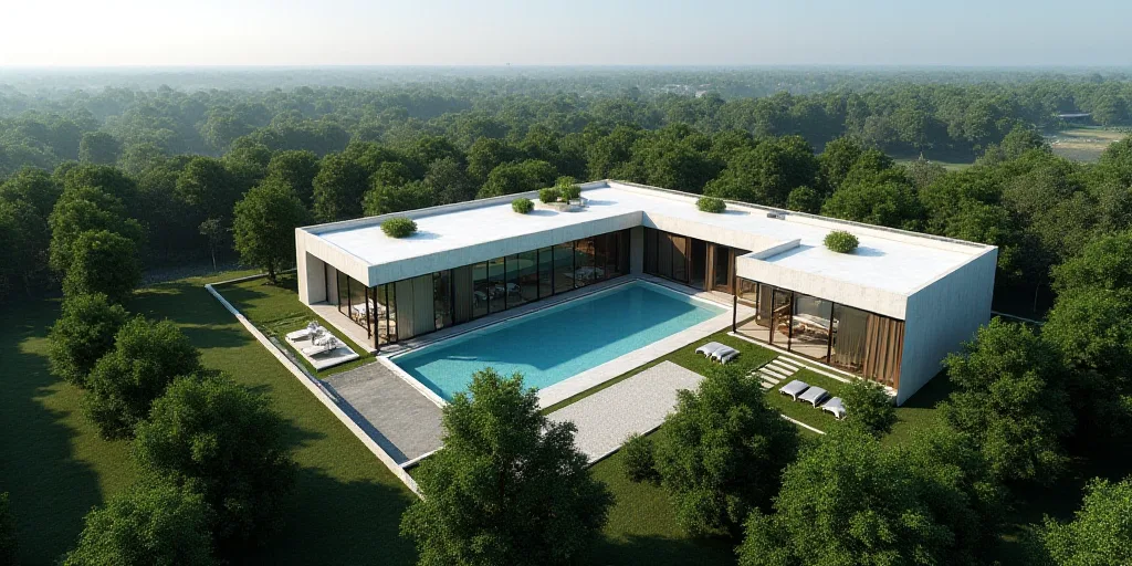 a large building with a pool in the middle of it and a lot of trees around it and a sky background,