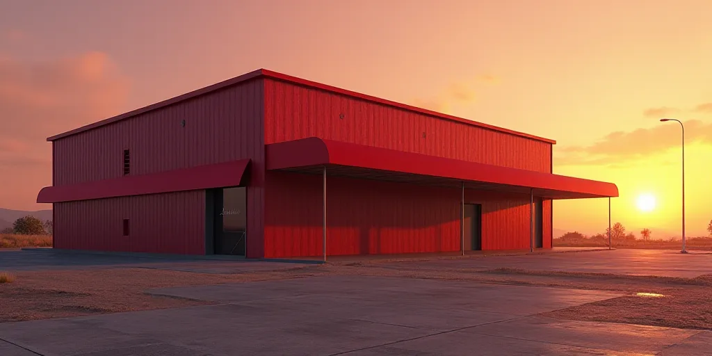 a large building with a red roof and a red awning on top of it at sunset or dawn, Estuardo Maldonado