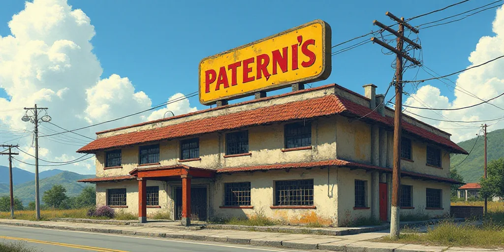 a large building with a sign on top of it that says, paterni's on the side, Federico Uribe, oil, a d
