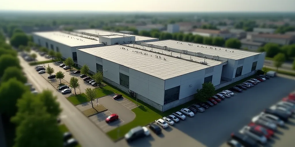 a large building with many roofs and cars parked in front of it and a parking lot in front of it, En