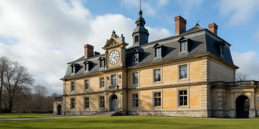 a large building with many windows and a clock on the top of it's face and a sky background, Enguerr