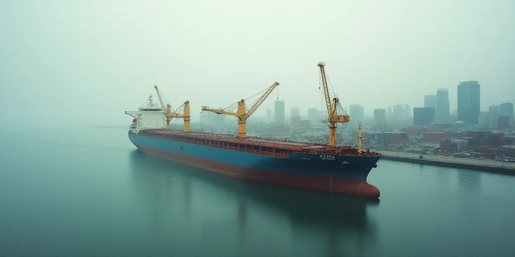 a large cargo ship in a harbor with a crane on top of it and a city in the background, Andreas Gursk