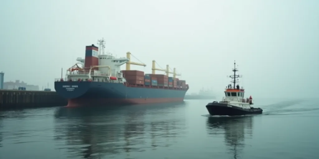 a large cargo ship in a large body of water next to a dock with a tug boat in the water, Eduardo Lef