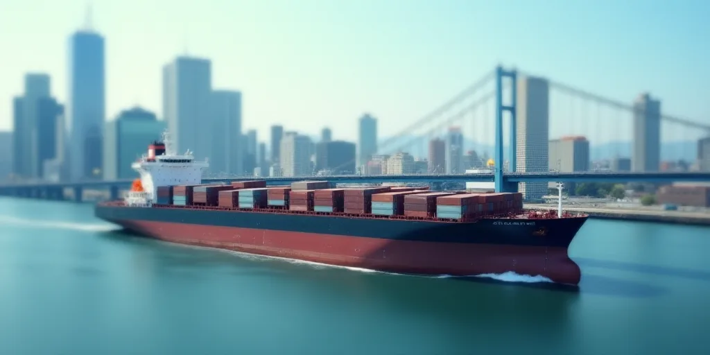 a large cargo ship in the water near a city skyline with tall buildings in the background and a brid