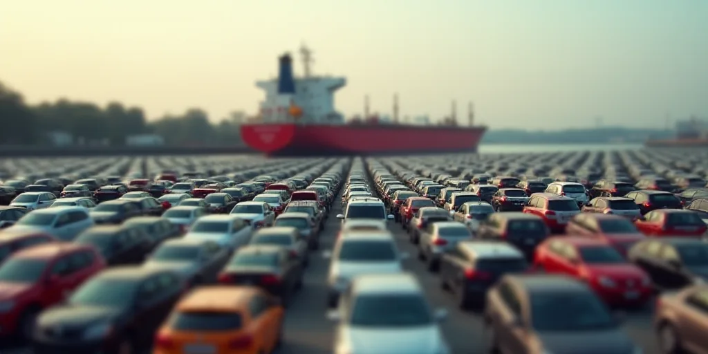 a large cargo ship is in the background of a parking lot with many cars parked in front of it, Corne
