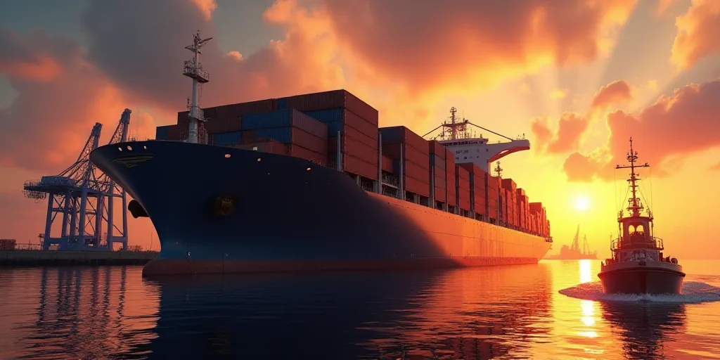 a large cargo ship loaded with containers at a dock at sunset with a crane in the background and a t