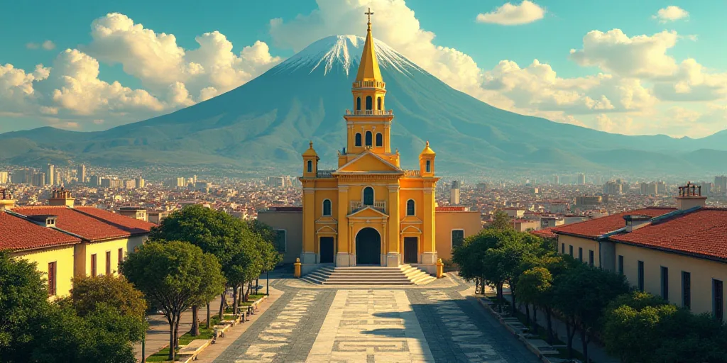 a large cathedral with a yellow steeple in the middle of a city with tall buildings and a mountain i