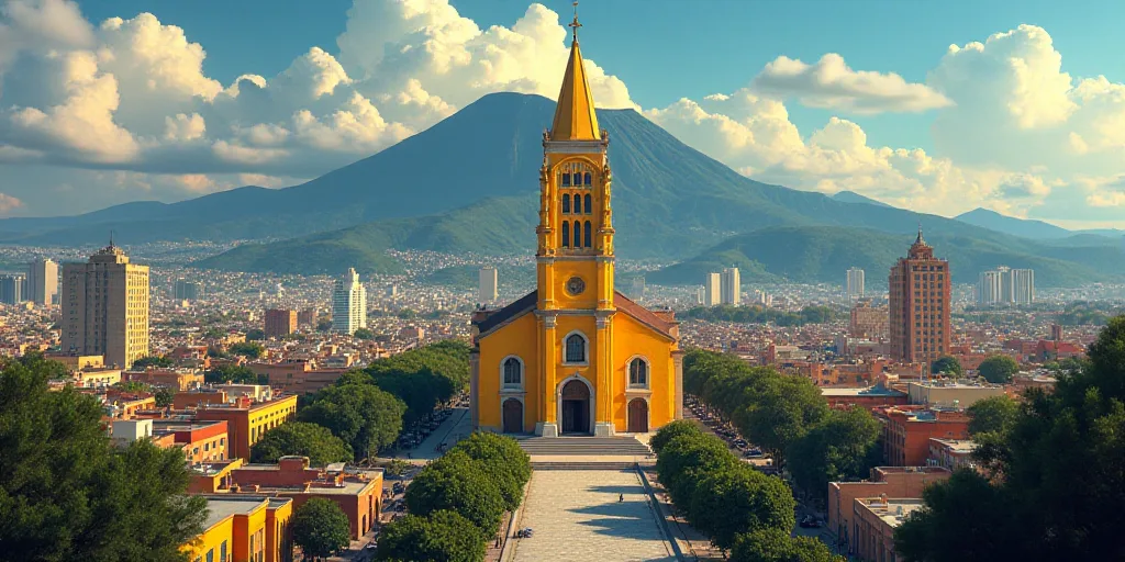 a large cathedral with a yellow steeple in the middle of a city with tall buildings and a mountain i