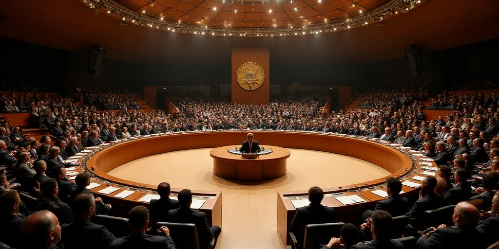 a large circular table with a speaker in the middle of it and a crowd of people sitting around it, A