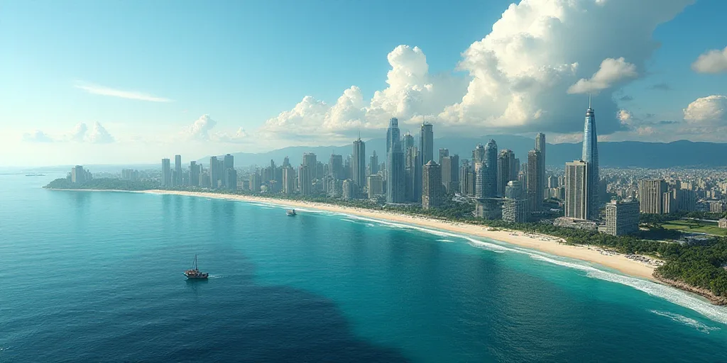 a large city on the shore of a body of water with a beach in front of it and a boat in the water, Ca