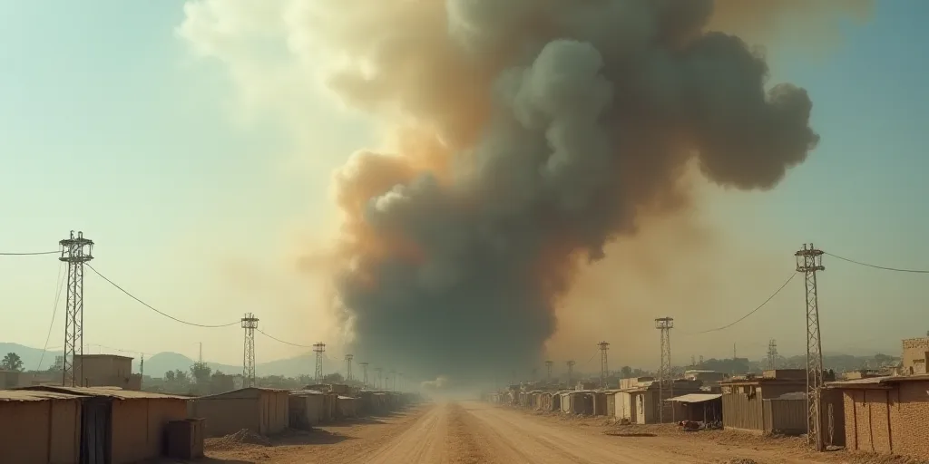 a large cloud of smoke is billowing out of a building in a town with tents and tents in the backgrou