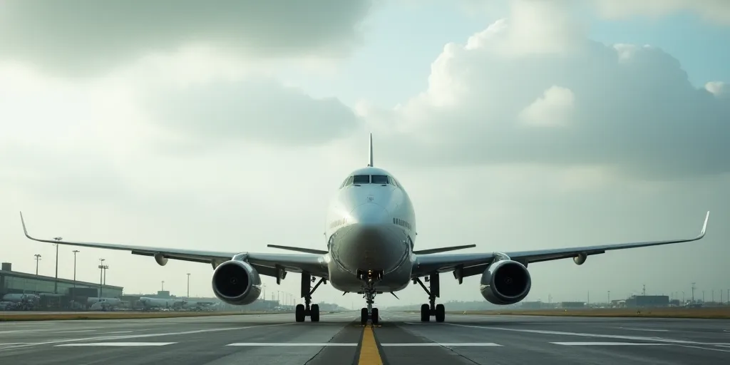 a large commercial airplane sitting on a runway at an airport with a cloudy sky in the background an