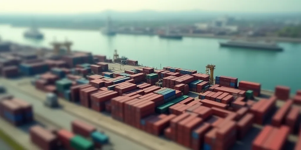 a large container yard with a lot of containers in it and a large body of water in the background, E