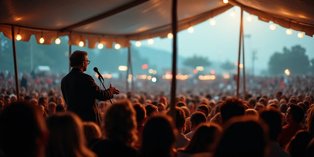 a large crowd of people are gathered in a tent for a rally with a man standing in front of a microph