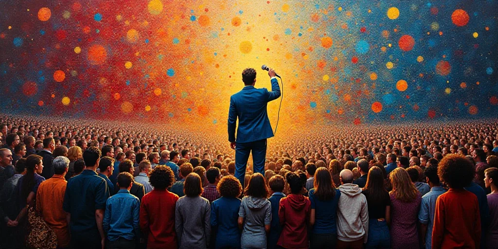 a large crowd of people are gathered around a painting of a man holding a microphone and a microphon