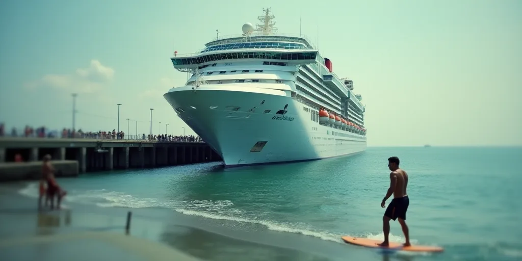a large cruise ship docked at a pier with people walking around it and a man on a surfboard, Cedric