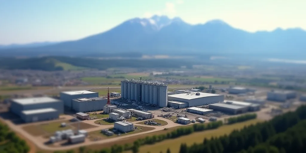 a large factory with a lot of buildings in the background and a mountain range in the distance with
