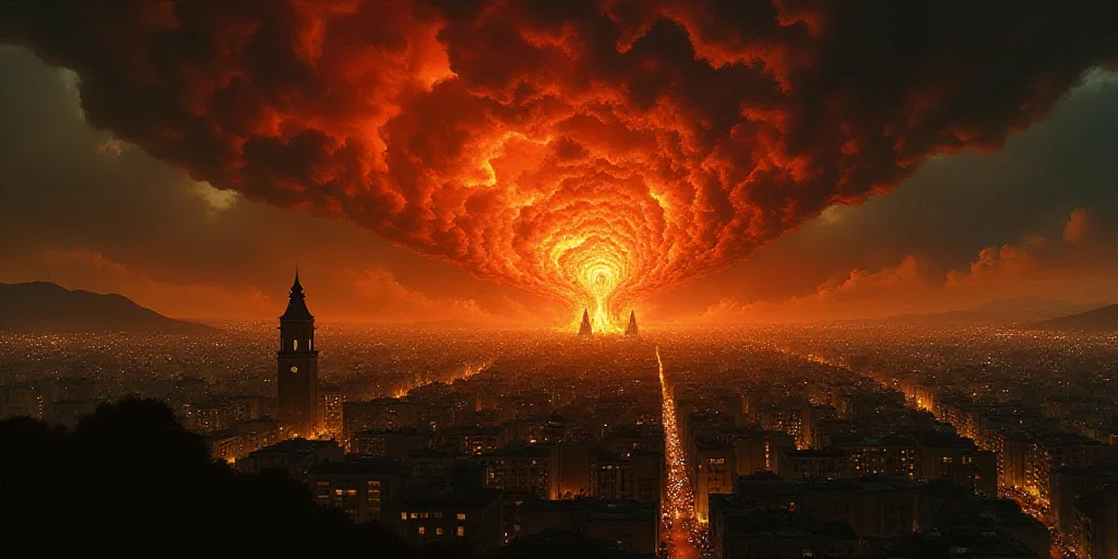 a large fire is burning in the sky over a city at night time with buildings lit up in the background
