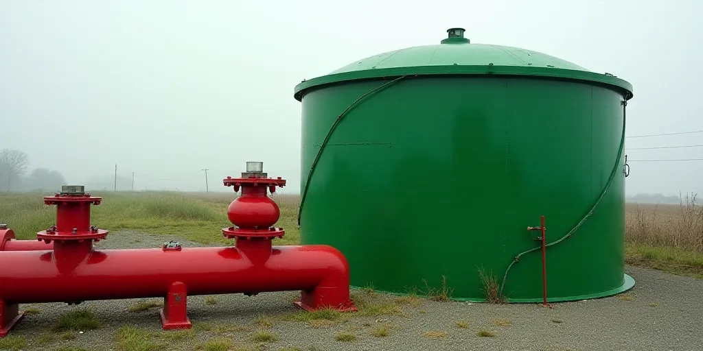 a large green tank with a red pipe next to it and a red pipe next to it with a red pipe, Eduardo Lef